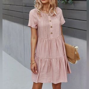 Shein Blush Pink Pleated Button Front Tiered Dress
